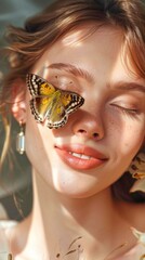 Poster - Smiling woman with closed eyes and butterfly on her face. Soft sunlight, gentle expression. Photo captures joy and connection with nature. Ideal for wellness and beauty themes. AI