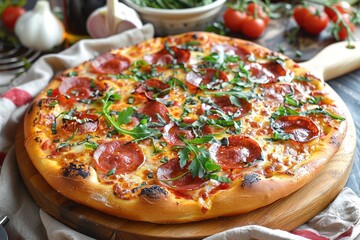 Wall Mural - Freshly Baked Pepperoni Pizza on Wooden Table