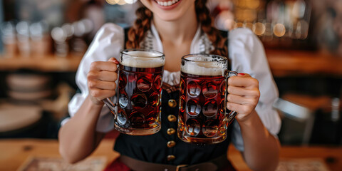 Beautiful young smiling waitress in dirndl holding mugs of Bavarian beer, banner for Octoberfest 