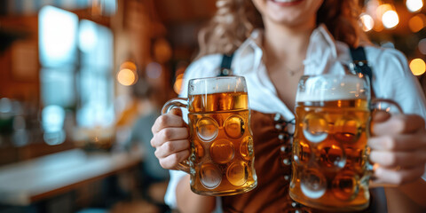 Beautiful young smiling waitress in dirndl holding mugs of Bavarian beer, banner for Octoberfest 