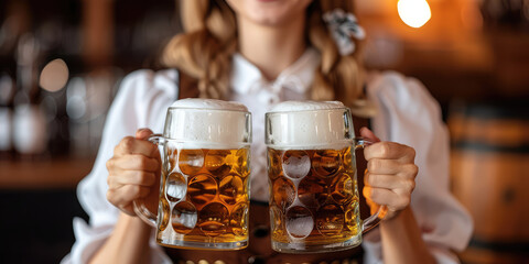 Beautiful young smiling waitress in dirndl holding mugs of Bavarian beer, banner for Octoberfest 