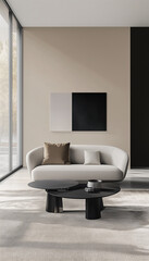 Wall Mural - Modern living room interior. A minimalist background featuring Light Grey, Soft White, Charcoal Black, and Pale Beige. Perfect for elegant and subtle visuals.