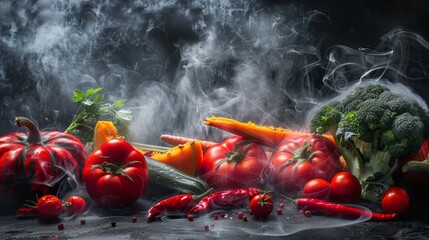 Various vegetables and peppers in smoke on dark background.