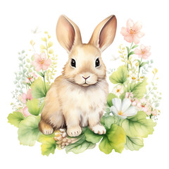 Cute fluffy bunny sitting among spring flowers, featuring delicate petals and greenery, perfect for Easter and nature themes.