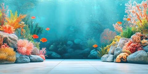 Canvas Print - Underwater Scene with Orange Fish, Coral, and Rocks