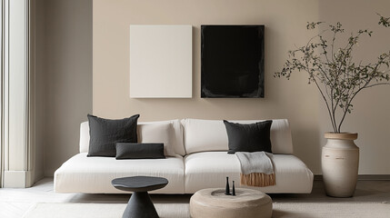 Wall Mural - Modern living room interior. A minimalist background featuring Light Grey, Soft White, Charcoal Black, and Pale Beige. Perfect for elegant and subtle visuals.