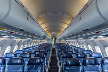 Interior View of Empty Airplane Cabin With Rows of Seats