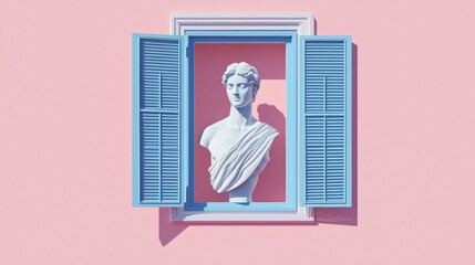 Wall Mural - Classical Sculpture Bust Viewed Through Blue Shutters on Pink Wall