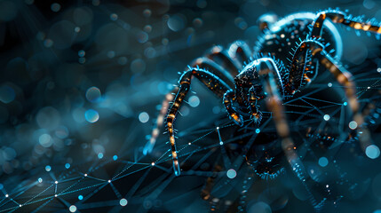 A macro shot of a spider on a web, its legs are hairy and its body is shiny and black. The web is intricate and covered in tiny blue lights, giving the photo a surreal and otherworldly feeling.