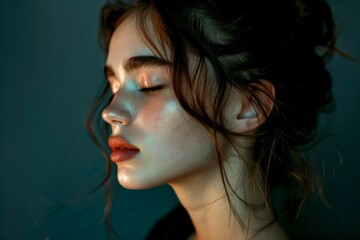 Poster - Close-up portrait of a young woman with eyes closed in dark moody lighting. Artistic composition. Use for editorial, advertising, or conceptual projects. Contemporary photography style. AI