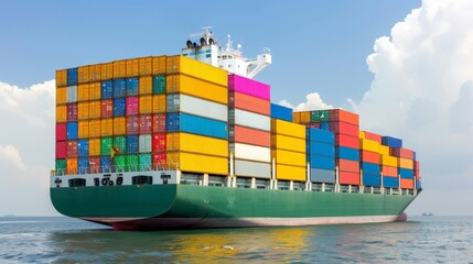 A row of colorful shipping containers are on a boat in the ocean