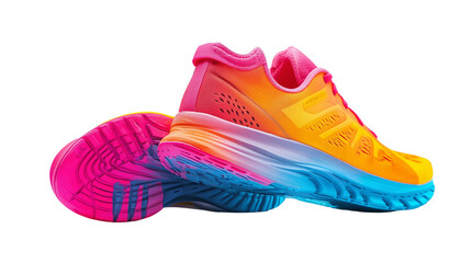 A pair of vibrant running shoes isolated on a transparent background, showcasing their sleek design and vibrant colors