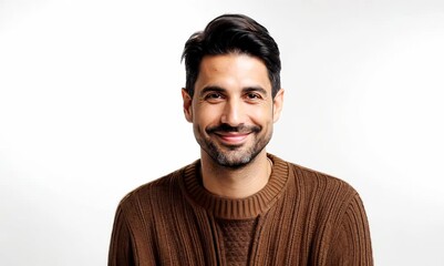 Wall Mural - portrait of a confident Mexican man in his 40s wearing a chic cardigan against a white background