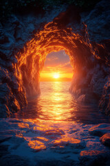 Wall Mural - Minimalist rendering of a cave entrance at sunrise, with warm light flooding into the dark interior,