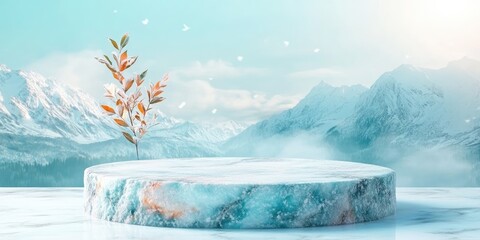 Sticker - Frozen Marble Podium with Snowy Mountains and a Branch