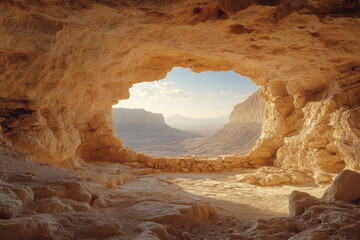 Wall Mural - Elegant scene of a cave with a natural amphitheater, where light and shadow play across the rocky surfaces,