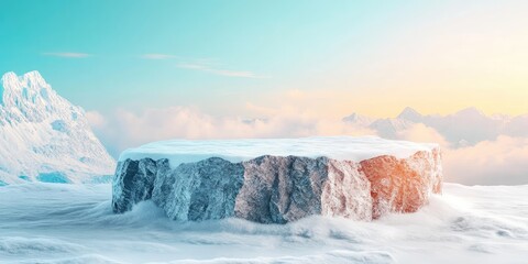 Poster - Snowy Mountaintop with Rock Platform and a Hazy Sky