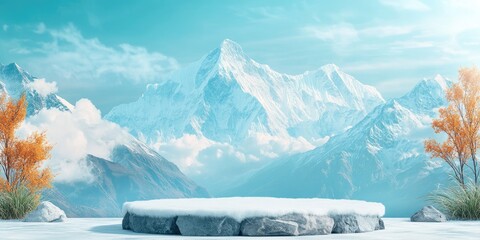 Sticker - Snow-Covered Stone Platform in Front of Majestic Snowy Mountains