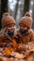 Wall Mural - Siblings Playing with Autumn Leaves Outdoors