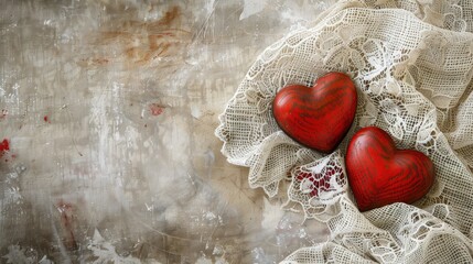 Wall Mural - Valentine s Day or wedding theme Red hearts and lace on rustic linen with room for text Aged vintage look