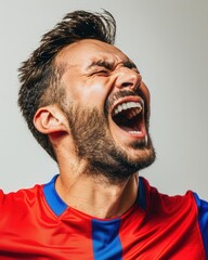 Emotional close-up of a soccer player celebrating a winning goal, pure joy and exhilaration, isolated background