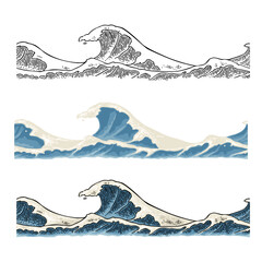 Wall Mural - Sea waves. Vintage vector engraving color illustration. Isolated on white background. Hand drawn hatching