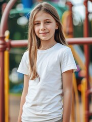 Wall Mural - Little girl 7-8 years old in simple blank white cotton t-shirt on playground background. Kids clothes mock up