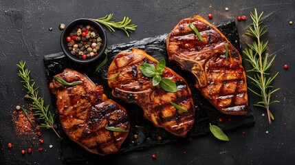 Sticker - Grilled pork steaks with herbs and spices on stone table from above view