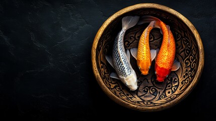 Three colorful Koi fish in a wooden bowl on a black background.