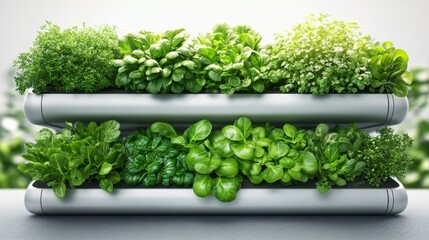 A close up of a modern indoor herb garden with lush green herbs growing in two tiers.