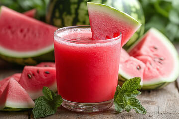 Photograph of Fresh Watermelon Juice in a Glass: With watermelon slices.