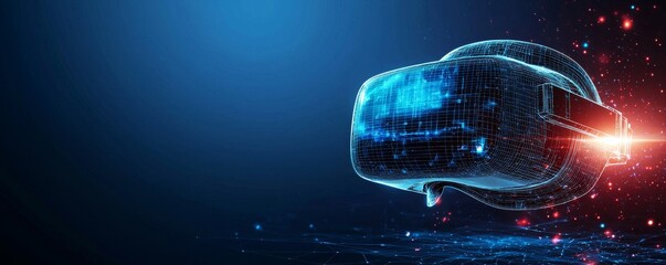 Poster - Wireframe illustration of a VR headset with digital landscape and futuristic technology