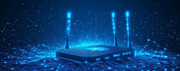 Futuristic wireframe Wi-Fi router with glowing antennas in a digital network