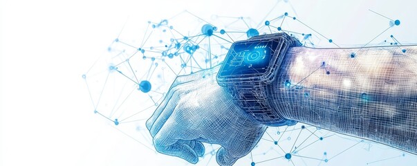 Poster - Wireframe wrist with digital smartwatch amidst futuristic network background