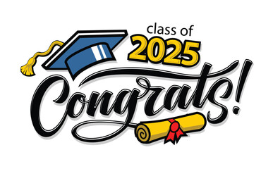 Wall Mural - Congratulations graduates editable template for greeting, invitation card. Class of 2025 trendy design template with graduation cap, diploma scroll and lettering. Vector on transparent background