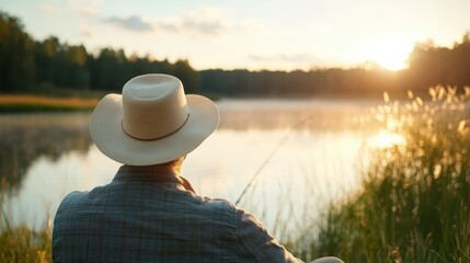 Wall Mural - Finding Serenity: Man Relaxing and Fishing by Tranquil Pond for Stress Management with Nature (Copy Space, Realistic, Blend Mode, Pond Backdrop)