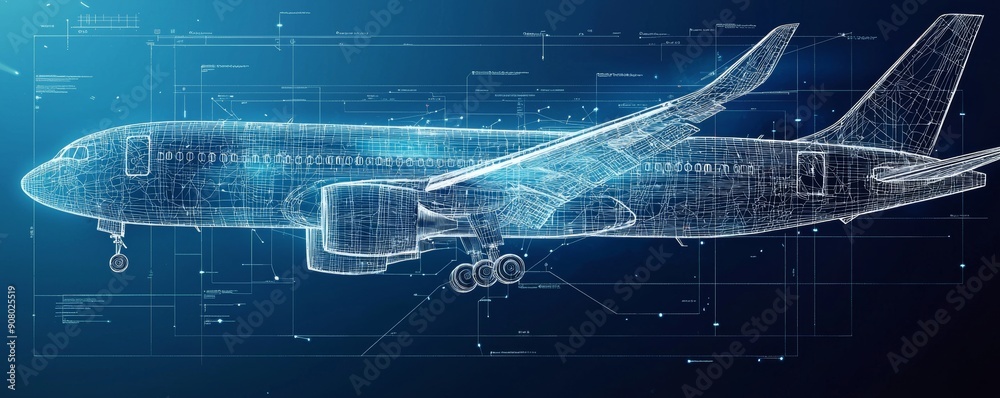 Digital wireframe illustration of modern aircraft engineering design ...