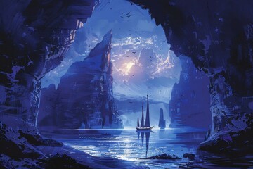 Wall Mural - A Distant View Through A Cave Opening Reveals A Mystical Seascape With A Tall Spire In The Distance