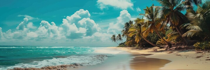 Wall Mural - Tropical beach with palm trees and turquoise water in ocean. Paradise island on sunny day. Trip, travel and vacation