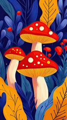 Wall Mural - Vibrant Red Mushrooms Among Colorful Leaves