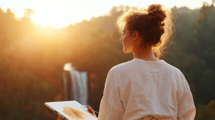 Wall Mural - Serene Woman Painting in Ethereal Setting by Waterfall, Bridging Relaxation and Creativity