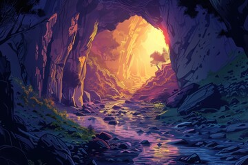 Wall Mural - A stream flowing through a cave opening towards the setting sun in a mountainous landscape