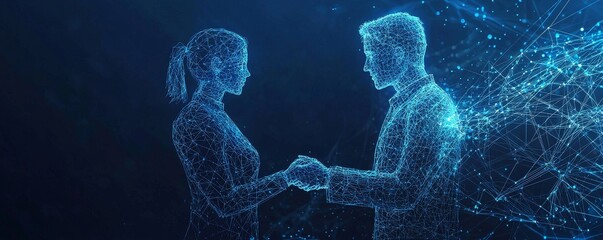 Poster - Digital wireframe illustration of business entrepreneurs shaking hands in agreement