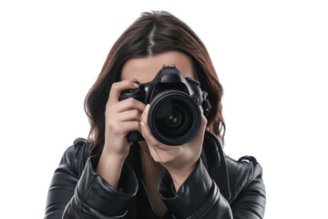 Sticker - Woman photographer looking through the camera viewfinder Isolated on white background