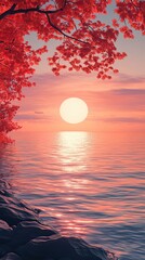 Canvas Print - Tranquil Sunset Over Water with Red Foliage