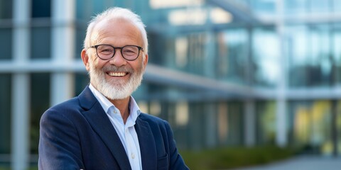 Sticker - A man in a suit and glasses is smiling and posing for a photo. Concept of confidence and professionalism, as the man is dressed in a business suit and is smiling for the camera