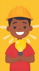 Wall Mural - Smiling Child Holding Light Bulb with Hard Hat