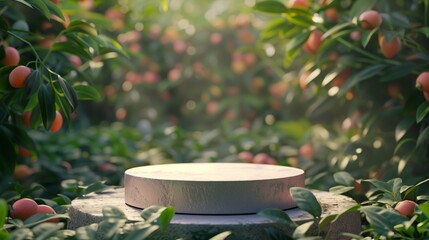 Wall Mural - An empty round podium in the center on a background of mango plants.