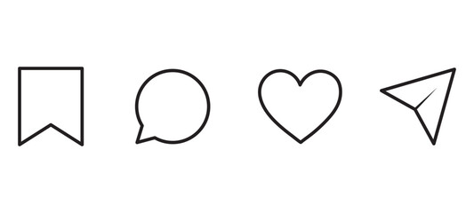 Poster - Message, like, send, save icon set. Social media button. Follow, heart, comment, share app interface. EPS 10