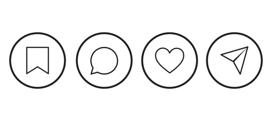 Poster - Message, like, send, save icon set. Social media button. Follow, heart, comment, share app interface. EPS 10